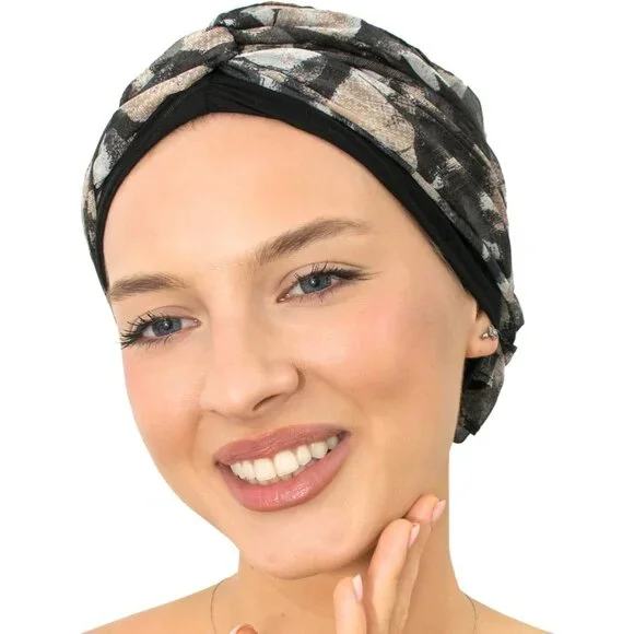 Women’s Black Beige Scarf Skull Cap Chemo Headwear Hair Loss Turban